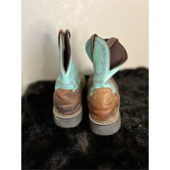 Justin Gypsy Boots Roper Style Womens 10 B Waterproff Round Toe Brown & Teal - Picture 3 of 5